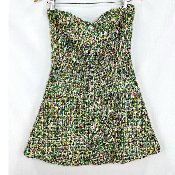 Fashion Nova Tanya Tweed Strapless Mini Dress in Green Pink size Medium NEW - Picture 2 of 7